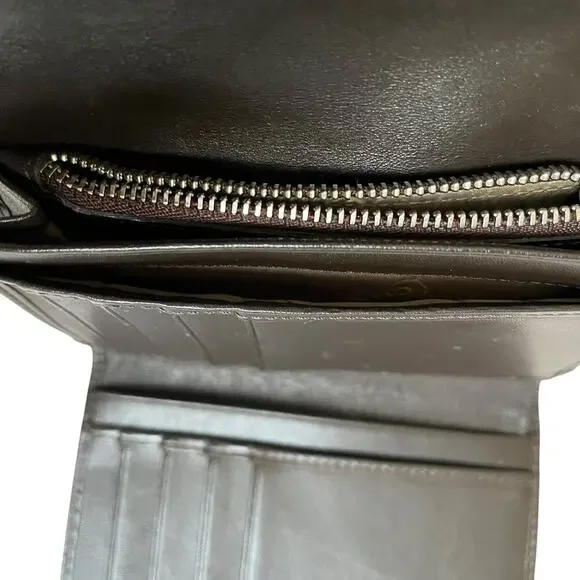 Coach Signature Gray Monogram Jacquard Brown Leather Trim Trifold Wallet Y2K - Picture 6 of 12